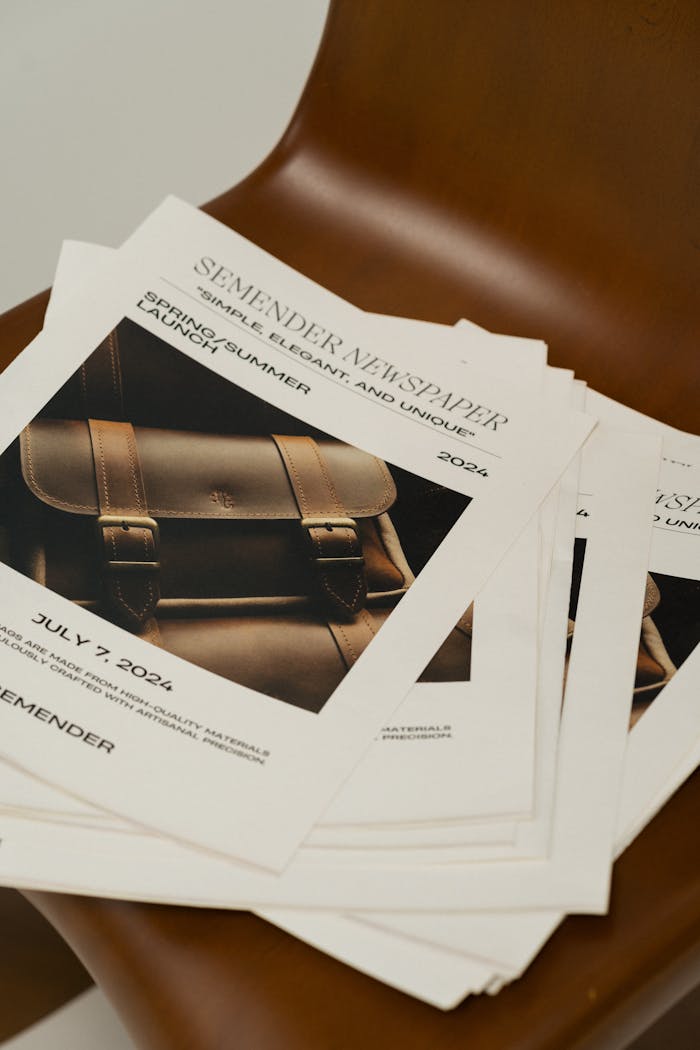 pexels-photo-25194072 Stack of newspapers showcasing leather bag advertisement on a chair.